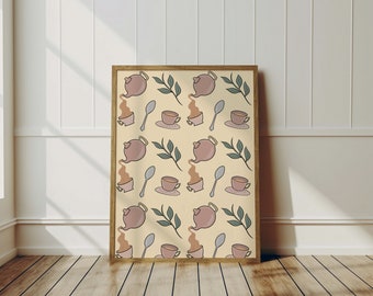 Teapot and Tea Leaves Wall Art – Playful Kitchen Print (Digital Download)