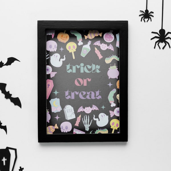 Trick or Treat Druckbare Wandkunst | Halloween | Sofortiger Download | Niedliches Gruseliges | Zombie Fledermaus Gespenst Candy