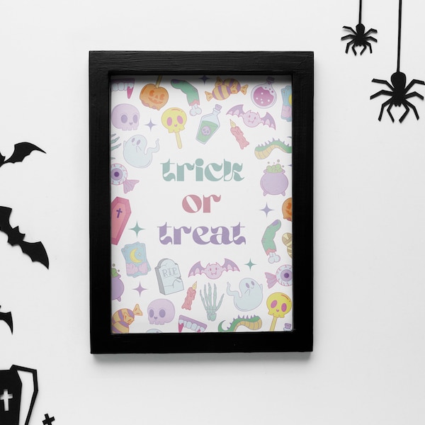 Trick or Treat Druckbare Wandkunst | Halloween | Sofortiger Download | Niedliches Gruseliges | Zombie Fledermaus Gespenst Candy