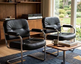 Mid Century Retro Black Leather Chairs MCM Set of Two Vintage 1977