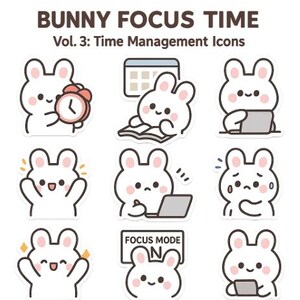 Hase Fokus Zeit Vol.3 | Kawaii Notiz- und Planungsaufkleber PNG | Digitale Goodnotes-Produktivitäts-Icons