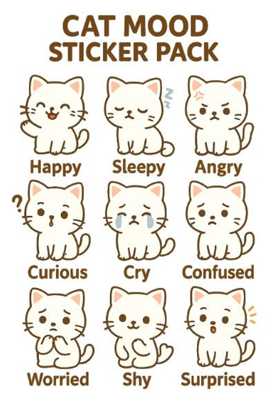 Kawaii White Cat Mood Stickers – Digital Planner PNG (digital Download ...