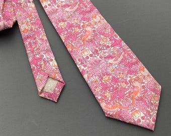 Liberty Necktie in Pink / Purple Strawberry Thief Birds Motif - Handmade Liberty Tana Lawn Fabric Men&#39;s Tie, Wedding Tie, Grooms Tie