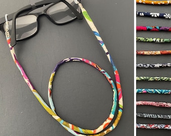 Cadena para gafas de tela Liberty hecha a mano, cordón para gafas de sol y soporte para gafas.