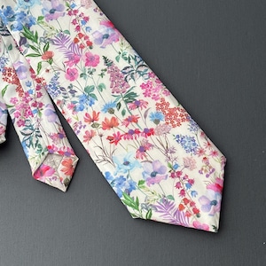 Liberty Necktie in Pink &#39;Purley Meadow&#39; Wildflower Print, Liberty Fabric Men&#39;s Tie, Wedding Tie, Classic Tie, Slim Tie, Skinny Tie