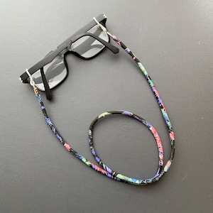 A Handmade Liberty Fabric Glasses Chain, Sunglasses Cord, Spectacles Holder Black Purple Flowers
