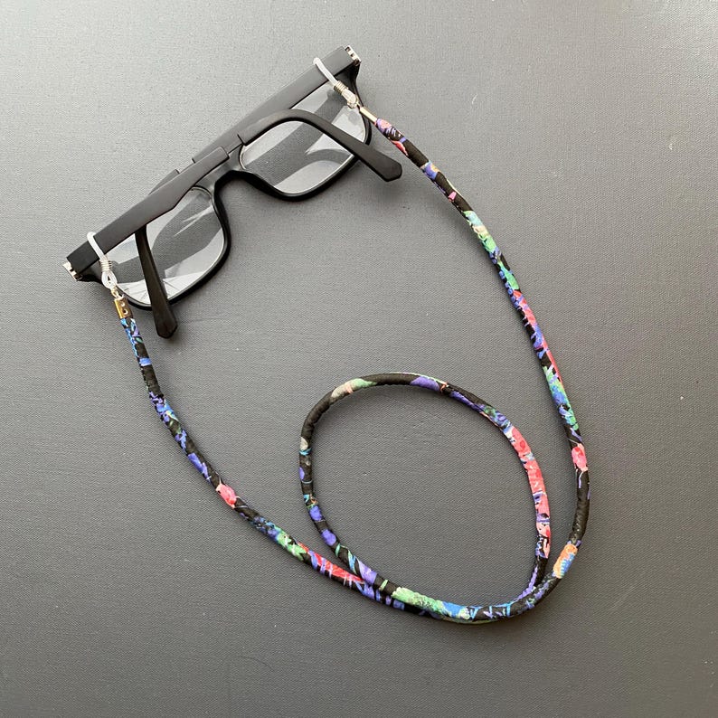 A Handmade Liberty Fabric Glasses Chain, Sunglasses Cord, Spectacles Holder Black Purple Flowers
