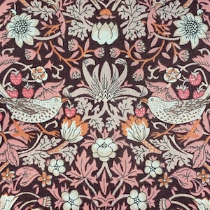 May include: A brown fabric with a repeating pattern of stylized birds, flowers, and leaves. The pattern is in shades of pink, brown, and white.