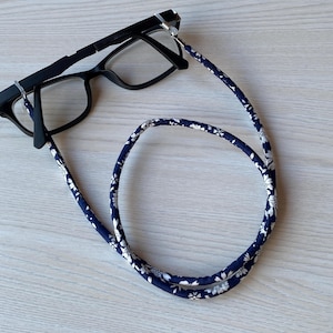 A Handmade Liberty Fabric Glasses Chain, Sunglasses Cord, Spectacles Holder Navy Blue Flowers
