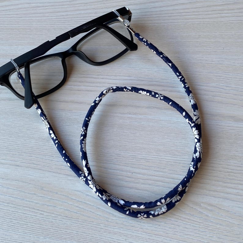 A Handmade Liberty Fabric Glasses Chain, Sunglasses Cord, Spectacles Holder Navy Blue Flowers