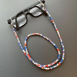 A Handmade Liberty Fabric Glasses Chain, Sunglasses Cord, Spectacles Holder Blue Red Berry