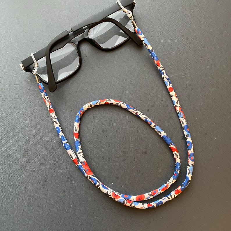 A Handmade Liberty Fabric Glasses Chain, Sunglasses Cord, Spectacles Holder Blue Red Berry