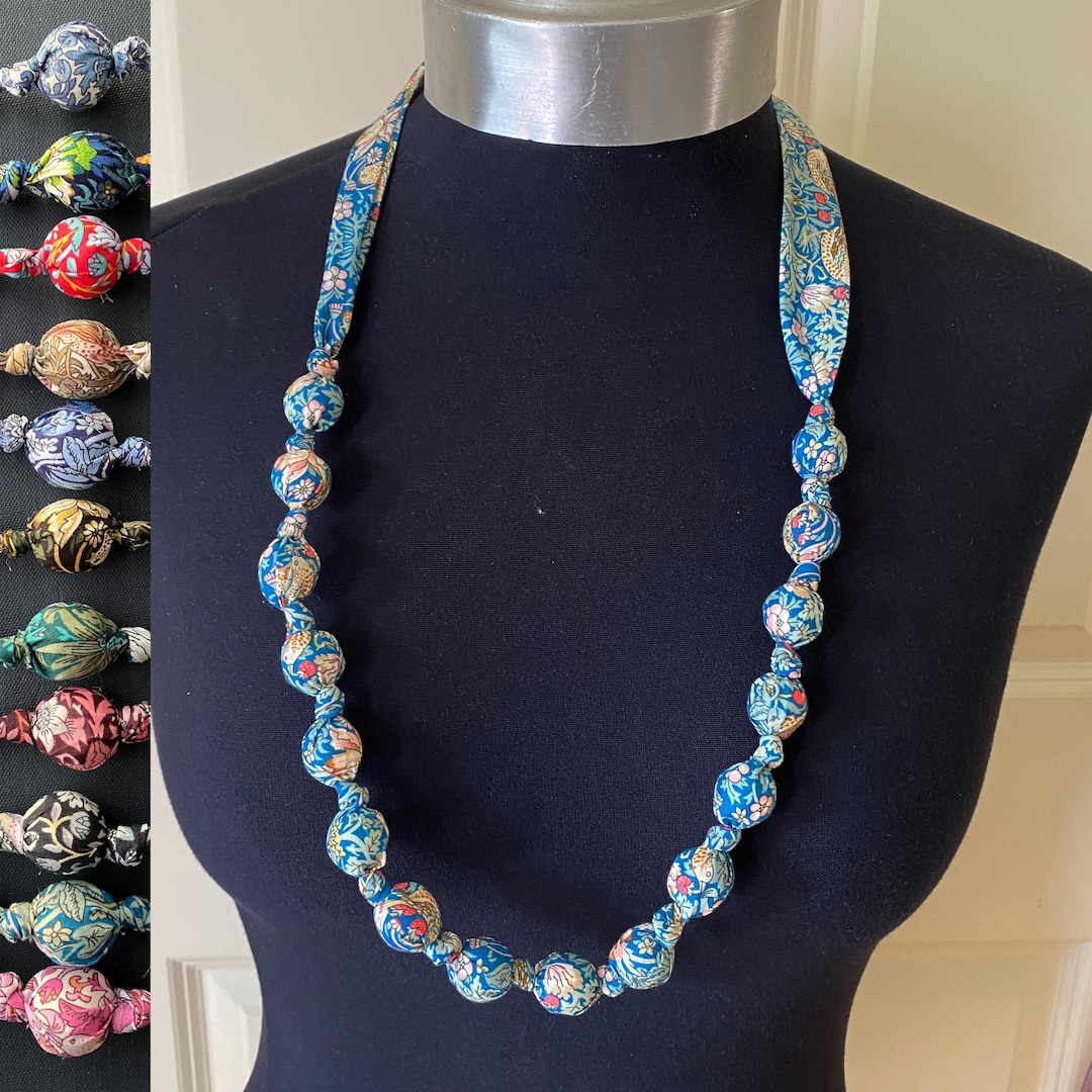 beaded necklace with Liberty fabric in William Morris designed strawberry theme