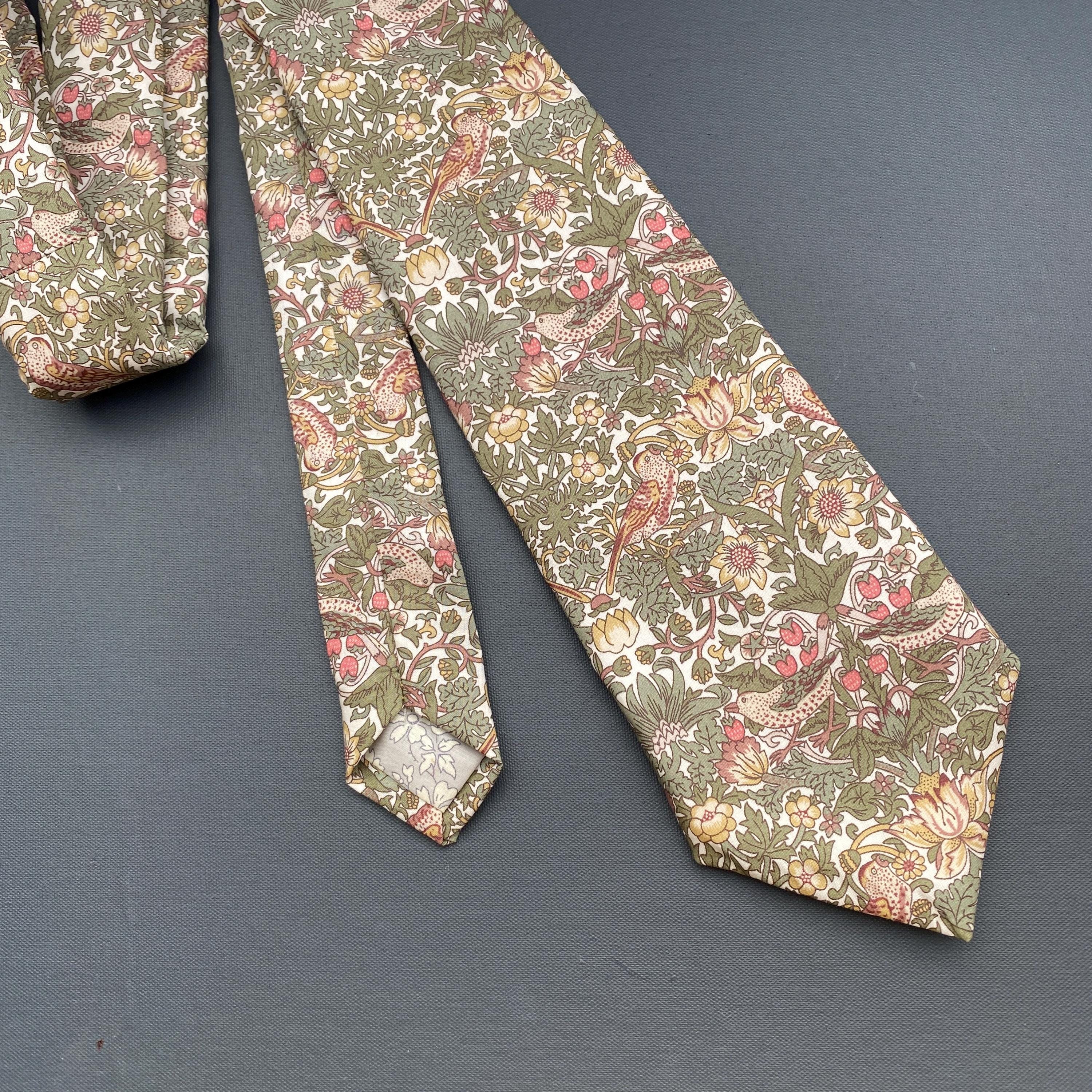 Liberty Necktie in Spring Green Strawberry Thief Birds Motif - Handmade Liberty Tana Lawn Fabric Men's Tie, Wedding Tie, Grooms Tie
