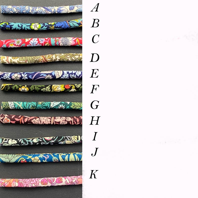 May include: A close-up of eleven fabric strips with different floral patterns. The strips are labeled with letters A through K.