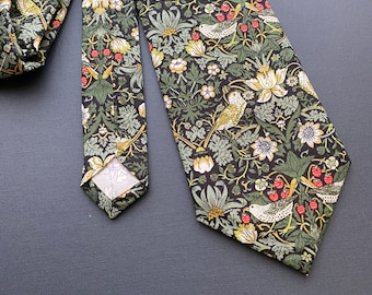 Liberty Necktie in Green / Black Strawberry Thief Birds Motif - Handmade Liberty Tana Lawn Fabric Men&#39;s Tie, Wedding Tie, Grooms Tie