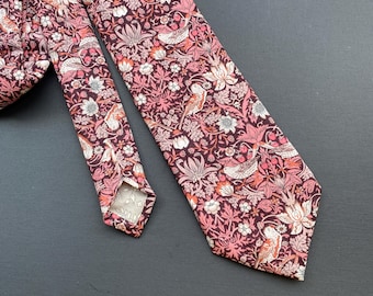 Liberty Necktie in Dark Pink Strawberry Thief Birds Motif - Tana Lawn Fabric Men&#39;s Tie, Wedding Tie, Grooms Tie, Skinny Tie, Slim Tie