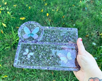 Amethyst Rolling Tray, Tray With Sections, Resin Rolling Tray, Smoker Gift, Butterfly Rolling Tray, Breaking Tray
