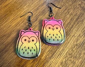Owl Earrings, Squish Owl Jewelry, Squish Style Earrings, Animal Jewelry, Cute Owl Earrings, Rainbow Owls, Rainbow Earrings