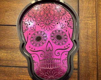 Colorful Sugar Skull Tray, Sugar Skull Resin Tray, Sugar Skull Decor, Chameleon Sugar Skull