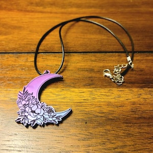 Gold Moon Necklace | Crescent Moon Necklace | Witchy Jewelry | Gold And Purple Necklace | Moon And Flowers Necklace | Resin Necklace