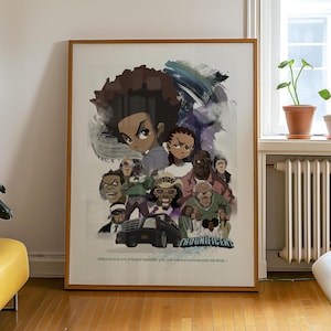 May include: A framed poster featuring a group of cartoon characters. The artwork has a brown wooden frame. The characters are diverse, with varying skin tones and expressions. The word "THUGNIFICENT" is visible at the bottom, along with a quote.