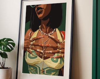 May include: Framed art print featuring a stylized illustration of a person with dark skin, wearing a yellow top with a green and white pattern. The person is adorned with jewelry, including necklaces and rings, and has long, decorated fingernails. The background is dark green.