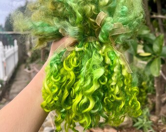 Hand Dyed Teeswater Wool Locks, 1oz, 8-9 inches long, Bright Green Colors, Separated, for Felting, Weaving, Spinning, Doll Hair, Fiber Arts