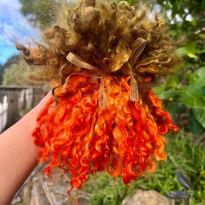 1oz Hand Dyed Teeswater Wool Locks, 8-9&quot; long, Bright Orange, Brown Tops, Separated, for Felting, Weaving, Spinning, Doll Hair, Fiber Arts