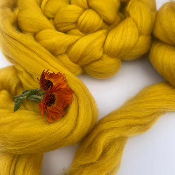 Superfine Merino Wool Combed Top Roving, MUSTARD, 18.5 mic, 4 oz, for Spinning, Wet Felting, Needle Felting, Weaving, Art Batts, Fiber Arts