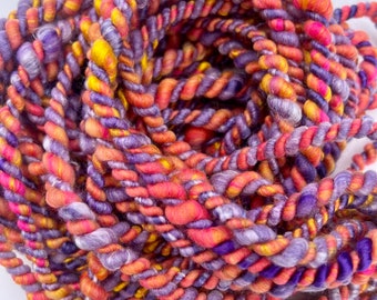 Bulky 2ply Handspun Art Yarn, FIESTA, 14 yards, 3 oz, Yellow Orange Lilac Purple, Wool Bamboo Firestar Fibers, Weaving, Fiber Arts, Craft