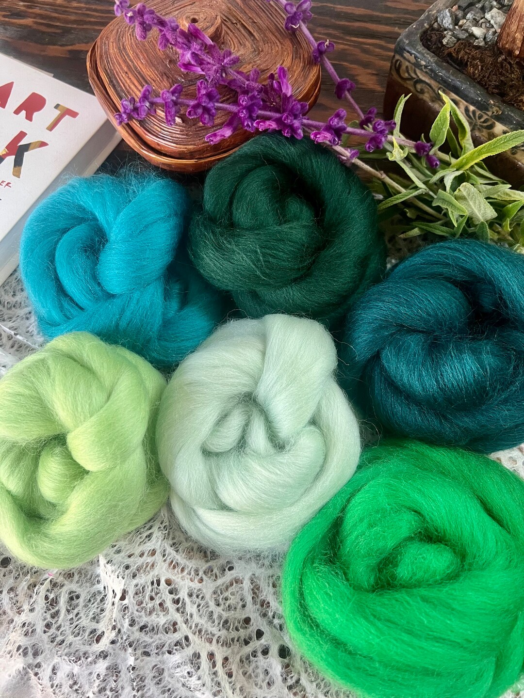 Green Fiber Pack, Corriedale Wool Combed Top Roving, 5.3oz 6 Colors in