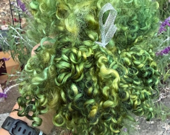 Green Teeswater Wool Locks: Hand-Dyed Curly Fiber for Spinning, Felting, Weaving (1oz) -Sunny Forest