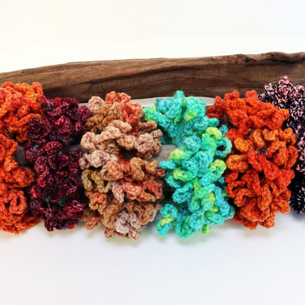 Beautiful Crochet Coral Scrunchies, Made with Handspun Hand Dyed Yarns, Assorted Colors, Hair Accessories, Unique Holiday Gift Ideas for Her