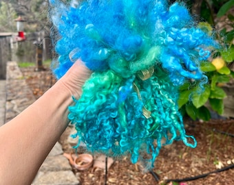 1oz Hand Dyed Teeswater Wool Locks, MERMAID , 8-10", Blue Green Turquoise, Separated, for Felting, Weaving, Spinning, Doll Hair, Fiber Arts