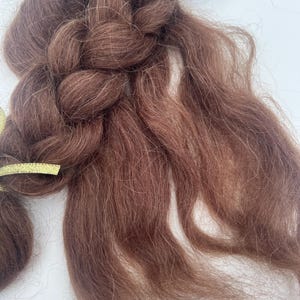May include: Close-up of a brown hair braid with a gold ribbon. The braid is thick and textured, with strands of varying shades of brown. The hair is styled in a classic braid, with a gold ribbon accent.