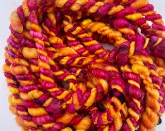 Handspun Art Yarn, HENRIETTA, 2 ply Bulky, 9 yards, 3.38 oz, Reds Yellow Orange, Wool Bamboo Firestar Fibers, For Weaving, Fiber Arts, Craft