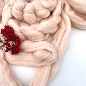 May include: A close-up of a pile of soft, light pink wool roving. The wool is arranged in a loose braid and has a fluffy texture.