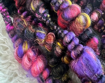 Handspun Art Yarn, LYLIA, Super Bulky, 2 Skeins, Over 5yard and 2.5 oz, Black Purple Red Yellow, Wool Bamboo Firestar Fibers, Weavers Dream