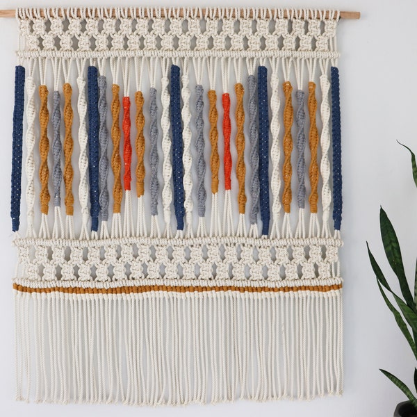 Large Macrame Tapestry Wall Hanging, SONATA, Contemporary Home Decore, Modern Fiber Art, Blue Gray Mustard Orange, Office, Living Room