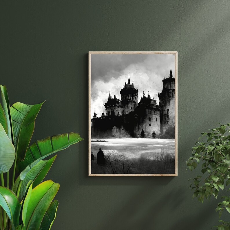 Castle Wall Art Dark Fantasy Castle Print Black and White Etsy