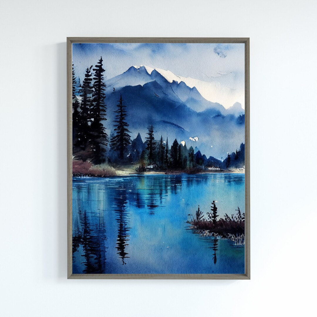 Blue Watercolor Landscape Wall Art Nature Print Forest Print Landscape