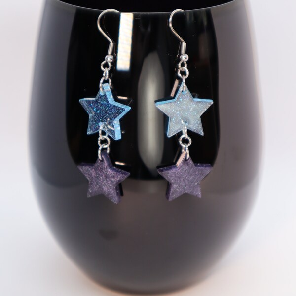 Clear Blue and Steel Grey Star Earrings with Glitter