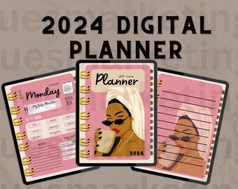 Könnte beinhalten: Ein digitaler Planer für 2024 mit rosa Hintergrund und einer Frau mit einem Handtuch auf dem Kopf, die aus einer Tasse trinkt. Der Planer enthält einen Bereich für tägliche Affirmationen, Notizen und eine To-Do-Liste.