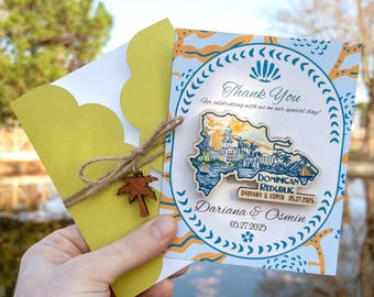 Dominican Republic Thank You Magnets, Unique Bulk Wedding Favor Gift Wooden Magnet for Guests Special Design Personalized Card and Envelope