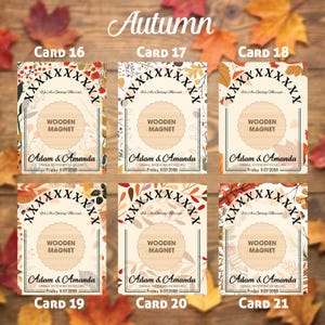May include: Six wedding invitation cards with an autumn theme. Each card features floral designs, the words "Wooden Magnet", and the names "Adam & Amanda". The cards are labeled "Card 16" through "Card 21". The word "Autumn" is at the top.