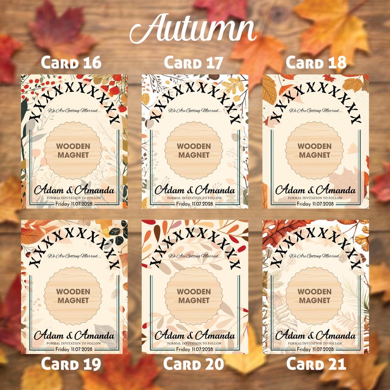 May include: Six wedding invitation cards with an autumn theme. Each card features floral designs, the words "Wooden Magnet", and the names "Adam & Amanda". The cards are labeled "Card 16" through "Card 21". The word "Autumn" is at the top.