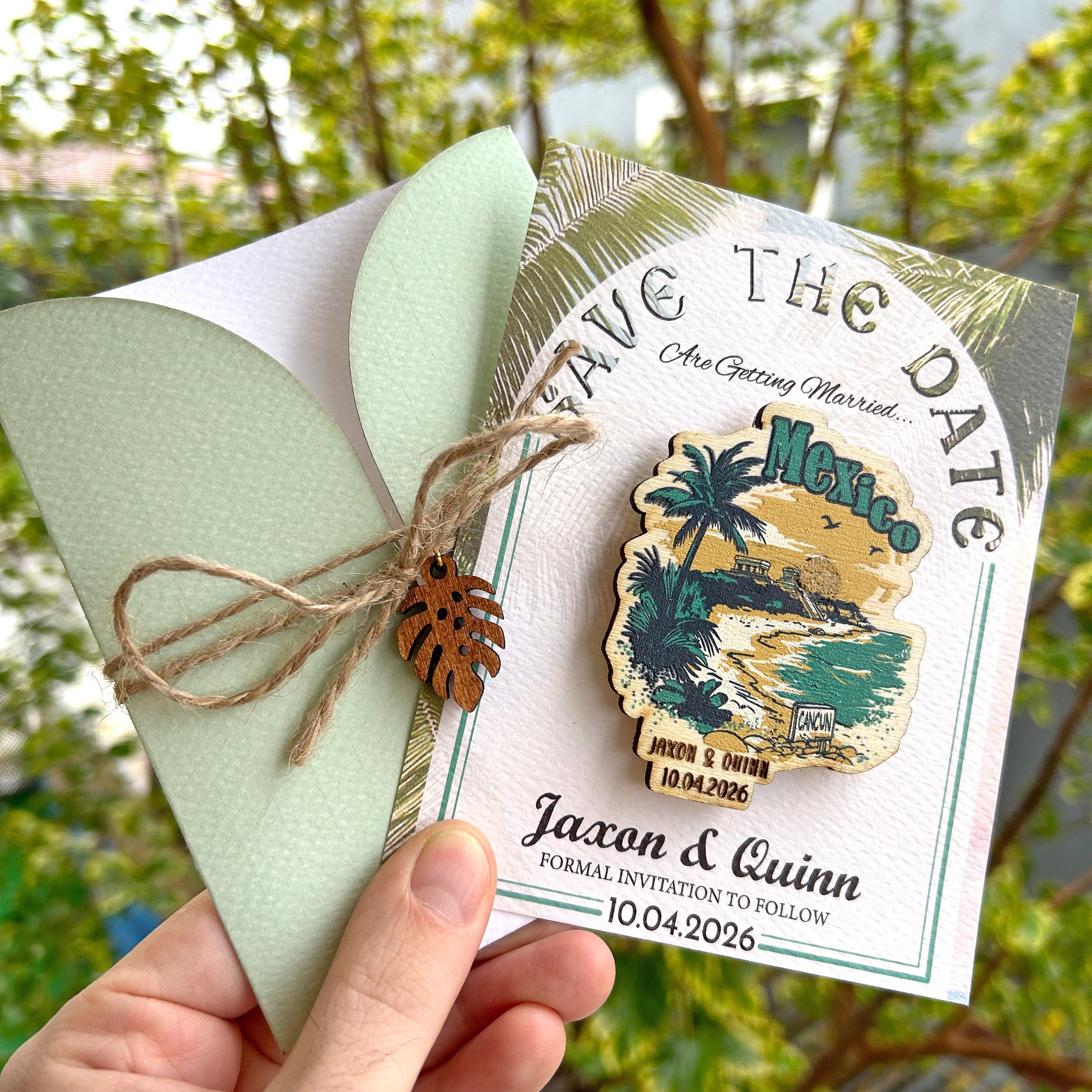Mexico Country Save the Date Magnet Cancun City Wooden Magnet Special Design Personalized Card and Envelope Save the Dates Magnet with Card