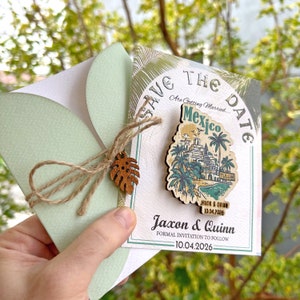 Mexiko Country Save the Date Magnet Tulum Rustikaler Holzmagnet Spezielles Design Personalisierte Karte und Umschlag Save the Dates Magnet mit Karte