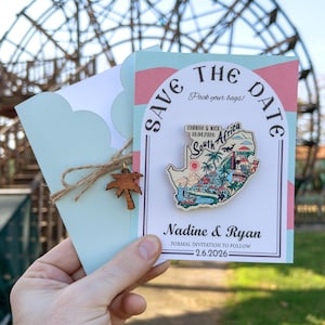 Magnete "Save the Date" del Sud Africa, souvenir rustico personalizzato, regalo "Save the Date", biglietto e busta personalizzati con design speciale per registrare la data